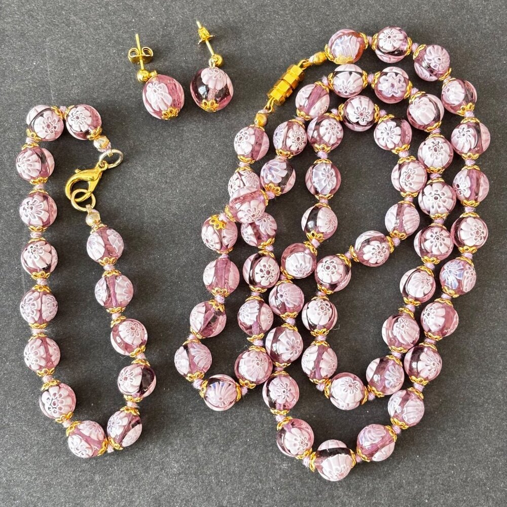 Vtg Murano Millefiori Venetian Glass Necklace Bracelet Earrings Purple Flowers‎